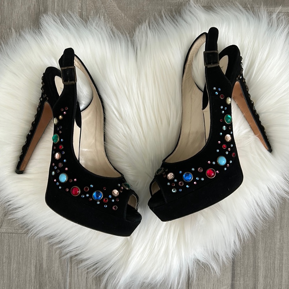 Brian Atwood black suede jeweled peep toe sandals heels 36 US 6